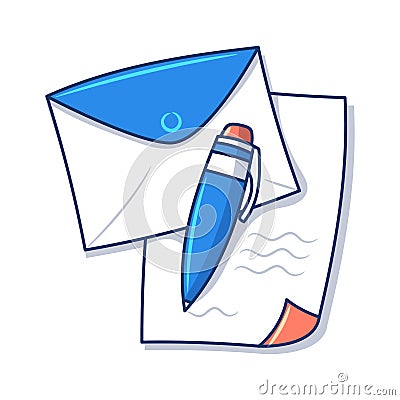 Pen with envelopes and sheets notes, colored hand drawn style Stock Photo