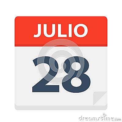 Julio 28 - Calendar Icon - July 28. Vector illustration of Spanish Calendar Leaf Stock Photo