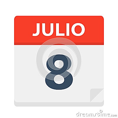 Julio 8 - Calendar Icon - July 8. Vector illustration of Spanish Calendar Leaf Stock Photo
