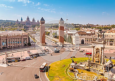 Cityscape view of Placa d`Espanya or Spain square, with the Venetian Towers and the National Art Editorial Stock Photo