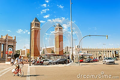 Cityscape view of Placa d`Espanya or Spain square, with the Venetian Towers and the National Art Editorial Stock Photo