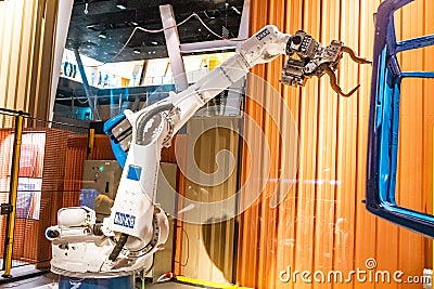 Robotic arm as example of Automation in car industry in Cosmocaixa museum Editorial Stock Photo