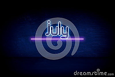 July - blue neon announcement signboard Stock Photo