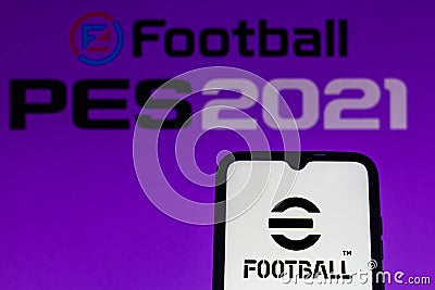July 21, 2021, Brazil. In this photo illustration the eFootball logo game seen displayed on a smartphone. Konami reveals that Pro Cartoon Illustration