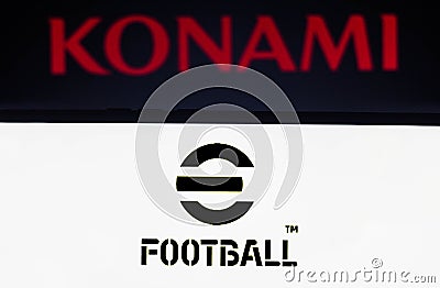 July 21, 2021, Brazil. In this photo illustration the eFootball logo game seen displayed on a smartphone. Konami reveals that Pro Cartoon Illustration