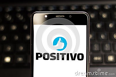 July 3, 2019, Brazil. In this photo illustration the Positivo Tecnologia logo is displayed on a smartphone Cartoon Illustration