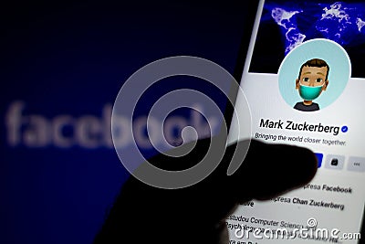 July 10, 2020, Brazil. In this photo illustration the the profile of Facebook creator Mark Zuckerberg seen displayed on a Cartoon Illustration