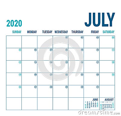 July 2020. Calendar planner. English calender template. Vector square grid. Office business planning. Creative design. Blue color Vector Illustration