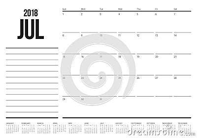 July 2018 calendar planner vector illustration Vector Illustration