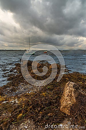 Beach with seaweed reefs, blue water, sailing ships and boats, dramatic sky Editorial Stock Photo