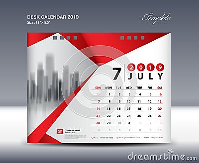 JULY Desk Calendar 2019 Template, Week starts Sunday, Stationery design, flyer design vector, printing media creative idea Vector Illustration