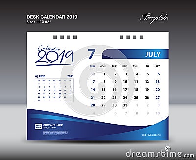 JULY Desk Calendar 2019 Template, Week starts Sunday, Stationery design, flyer design vector, printing media creative idea Vector Illustration