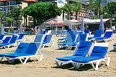 July, 2017 - Empty chaise lounges on Cleopatra Beach Alanya, Turkey Editorial Stock Photo