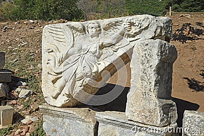 July 30,2022, Ephesus, Turkey. State Agora With Odeon Behind Nike Carving At Domitian Square Editorial Stock Photo