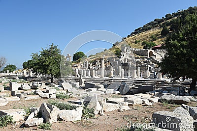 July 30,2022, Ephesus, Turkey. State Agora The Visitors Walking Through The Columns Of Curete Street. Editorial Stock Photo