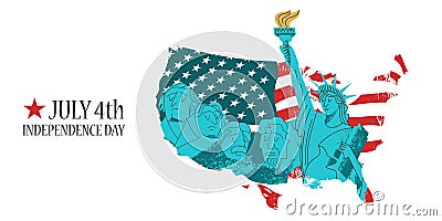 July 4 independence day. Vector illustration, poster, greeting card. Statue of liberty and memorial on mount Rushmore. American Vector Illustration