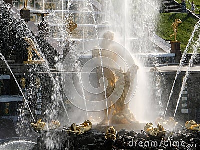 26 of July 2020 - Peterhof, Russia: Statue of Samson tearing the mouth of a lion in the Grand Cascade Editorial Stock Photo