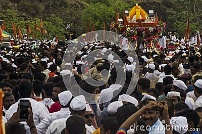 28 July 2019, Pune, Maharashtra, India, Saint Dnyaneshwar Maharaj Palkhi with devotee and pilgrims during holy procession in Dive Editorial Stock Photo