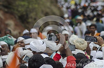 28 July 2019, Pune, Maharashtra, India, Saint Dnyaneshwar Maharaj Palkhi with devotee and pilgrims during holy procession in Dive Editorial Stock Photo