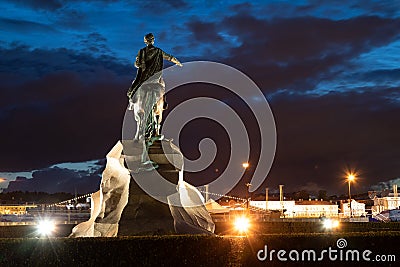 July 21, 2021, Russia, St-Petersburg. Night view of the monument of Peter the Great on horseback. Editorial Stock Photo