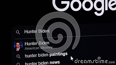 JULY 3, 2023: Searching Hunter Biden on Google, Computer Display Macro Editorial Stock Photo