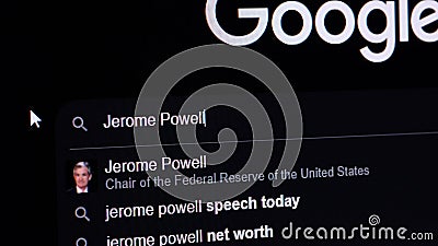 JULY 4, 2023: Searching Jerome Powell on Google, Computer Display Macro Editorial Stock Photo