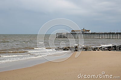 3 July 2023 - Southwold, Suffolk, UK: Editorial image of pier and beach at Southwold Editorial Stock Photo