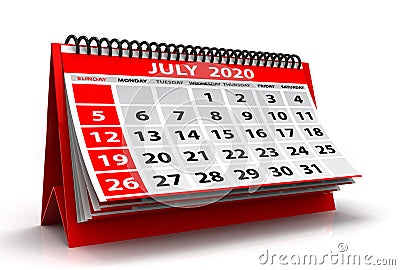 July 2020 Spiral Calendar Isolated on White Background. 3d illustration Stock Photo