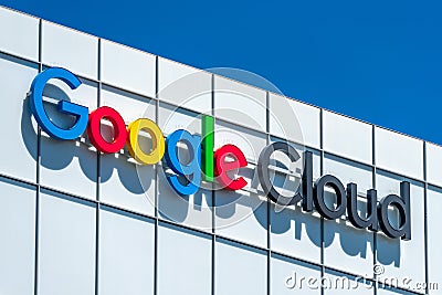 July 19, 2019 Sunnyvale / CA / USA - Close up of Google Cloud sign displayed at their headquarters in Silicon Valley; South San Editorial Stock Photo