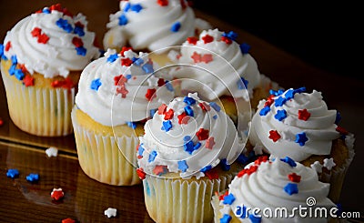 July 4th Celebration Cupcakes with Red and Blue Stars Stock Photo