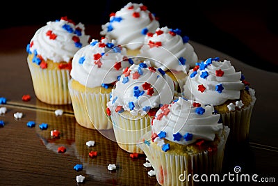 July 4th Celebration Cupcakes with Red and Blue Stars Stock Photo