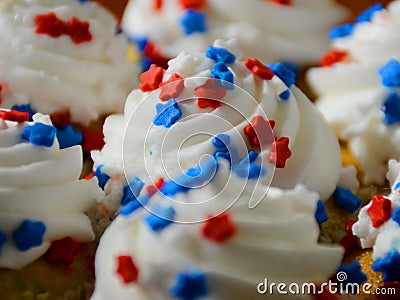 July 4th Celebration Cupcakes with Red and Blue Stars Stock Photo