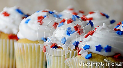 July 4th Celebration Cupcakes with Red and Blue Stars Stock Photo