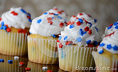 July 4th Celebration Cupcakes with Red and Blue Stars Stock Photo