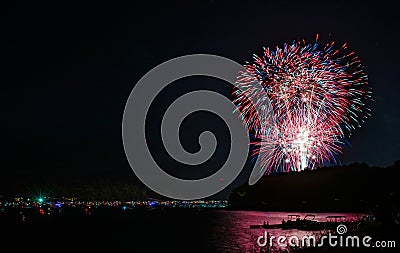 Boaters watching the fireworks over Lake Wallenpaupack in Hawley, PA for the 4th of July Stock Photo