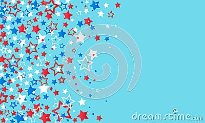 July 4, USA Independence Day. Red, blue and white stars decorations confetti on a blue background. Texture of falling colored Cartoon Illustration
