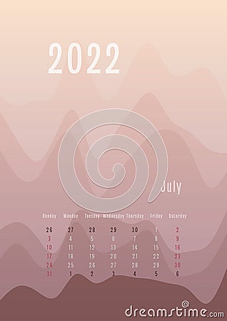 2022 july vertical calendar every month separately. monthly personal planner Vector Illustration