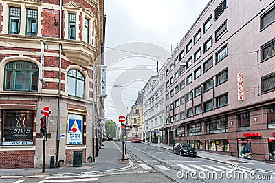 July 26, 2013. View of the streets of Oslo, Norway. Area of the center of Oslo. Tram tracks and pedestrian crossings on the street Editorial Stock Photo