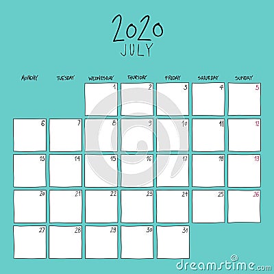 July 2020 wall calendar. Vector Illustration