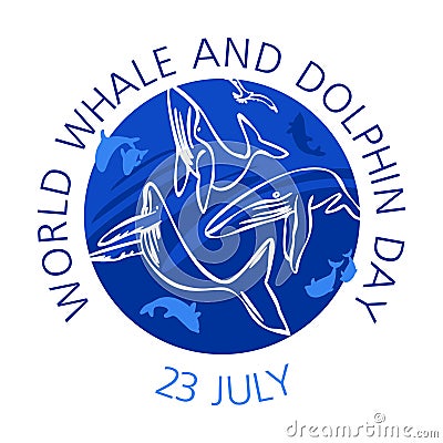 July 23 - world whale and Dolphin day isolated banner on a white background. Whales and Dolphins on the background of the globe. Stock Photo