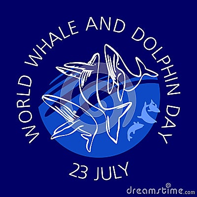 July 23 - world whale and Dolphin day. White outlines on a blue background. Contour style. Banner design Stock Photo