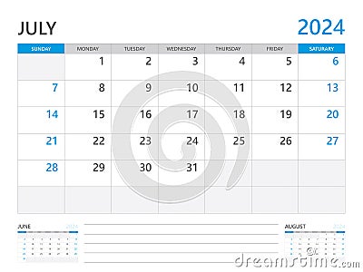 July 2024 year, Calendar planner 2024 and Set of 12 Months, week start on Sunday. Desk calendar 2024 design, simple and clean Vector Illustration