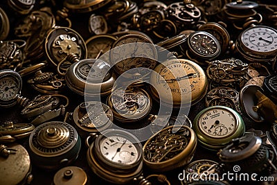 jumble many intact of working pocket watches generative AI Stock Photo