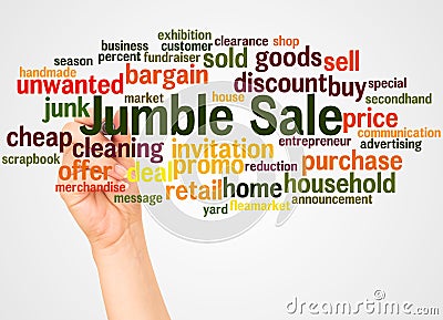 Jumble Sale word cloud and hand with marker concept Stock Photo