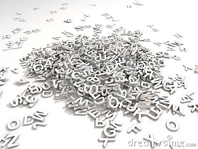 Jumbled pile of 3D illustrated white uppercase letters over a white background G Stock Photo
