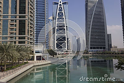 Jumeirah Lake Towers area overview with building reflection on the water Editorial Stock Photo
