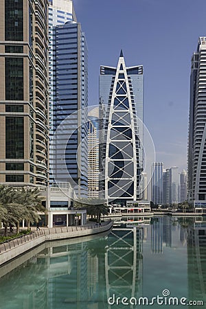 Jumeirah Lake Towers area overview with building reflection on the water Editorial Stock Photo