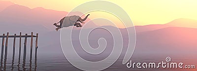 Jump elephant. Elephant jumping in lake during sunset . Cartoon Illustration