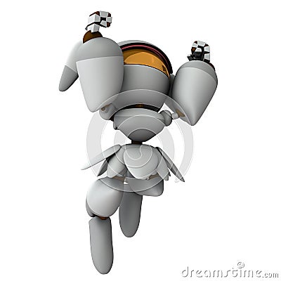 Jump with joy. Impression and urge. A cute white robot. Artificial intelligence robot. Isolated white background. Stock Photo