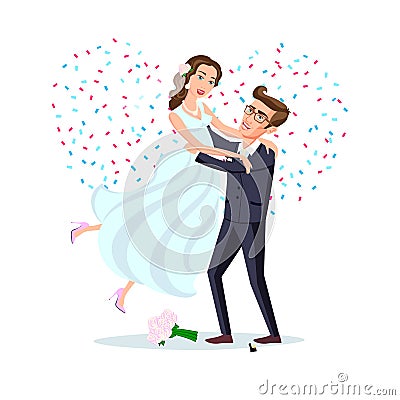 Jump marriage of happy couple isolated on heart background confetti. Attractive man and woman being playful. vector Vector Illustration